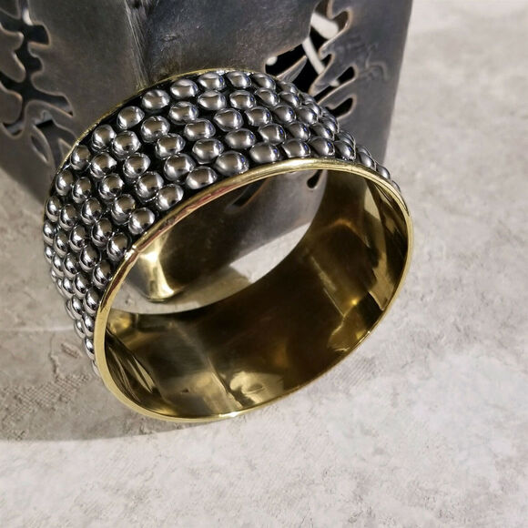 India Brass Bangle Bracelet Mid Century Style Silver Black Geometric Dot Accents - Picture 5 of 6